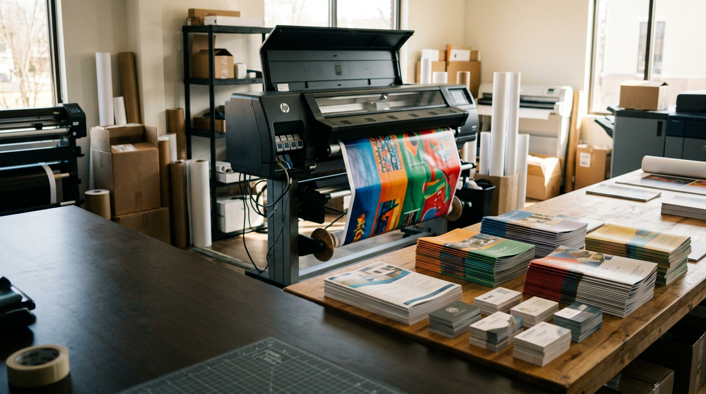 Inside the GraphicGate print shop in Al Quoz, Dubai: a large-format printer beside stacks of printed brochures and business cards